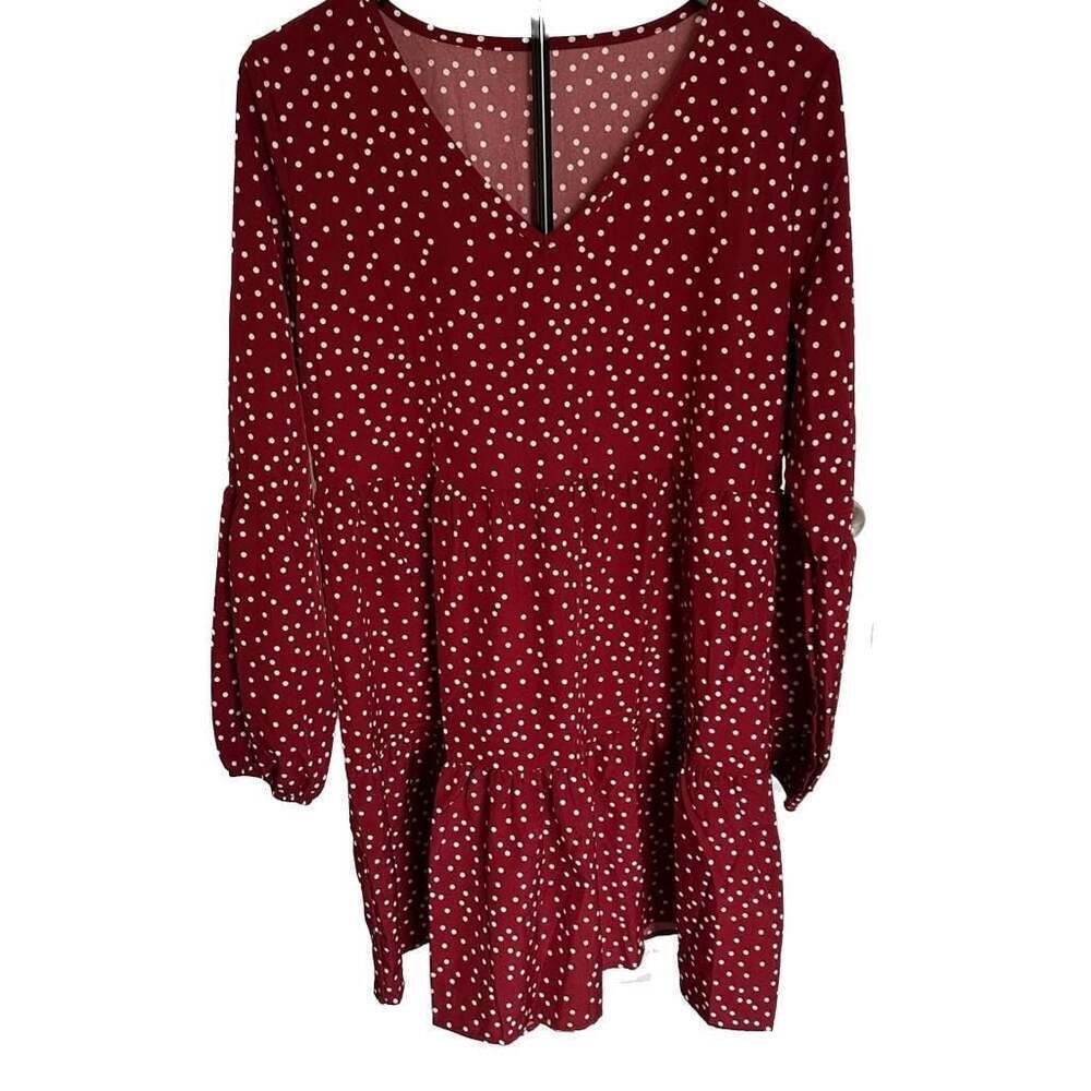 Burgundy Women’s Sz M Babydoll Polka Dot Tiered Mini Dress Long Sleeve